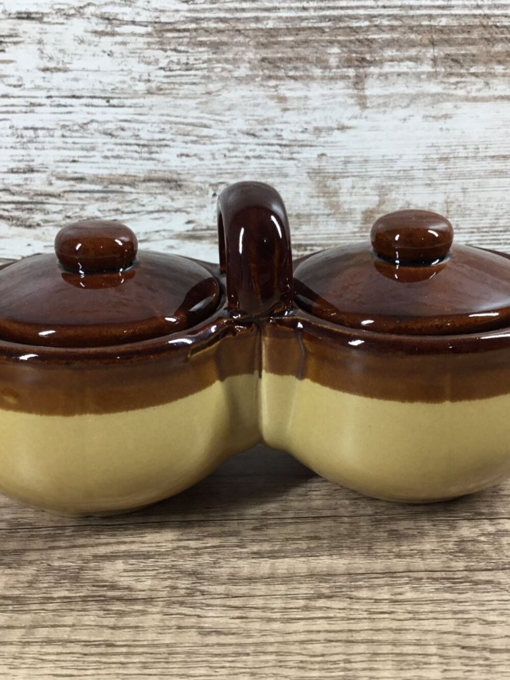 Vintage Double Condiment Bean Pot With Lids Earthenware Brown & Tan